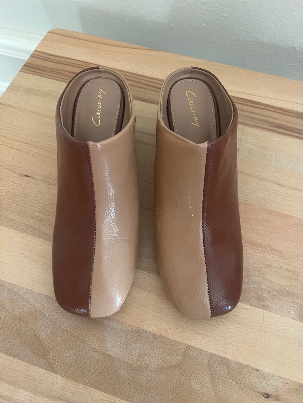 Circus by Sam Edelman Two-Tone Brown & Tan Patent Leather Mules